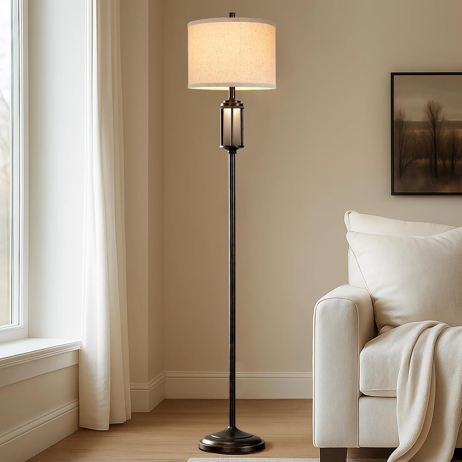 AIEAMPDO New - Same Matching Floor Lamp - 65'' Floor Lamp + 25'' Table Lamp Set of 2, Farmhouse Nightstand Lamp with Frosted Glass Nightlight Linen Fabric Shade for Living Room, Bedroom, Entryway