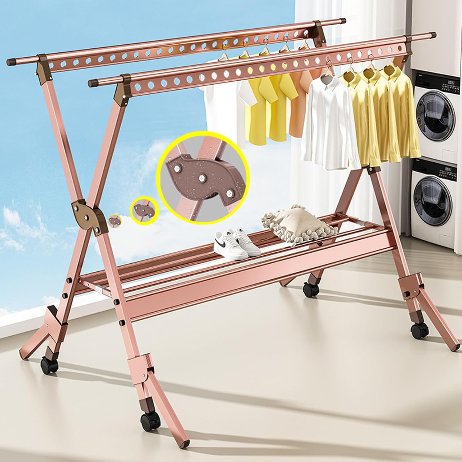 Clothes Drying Rack Folding Outdoor, Garment Racks for Hanging Clothes, Laundry Stand Organizer with Wheels, Aluminum Alloy Laundry Drying Rack, for Clothes, Towels, Linens (Rose Gold 2.55m/