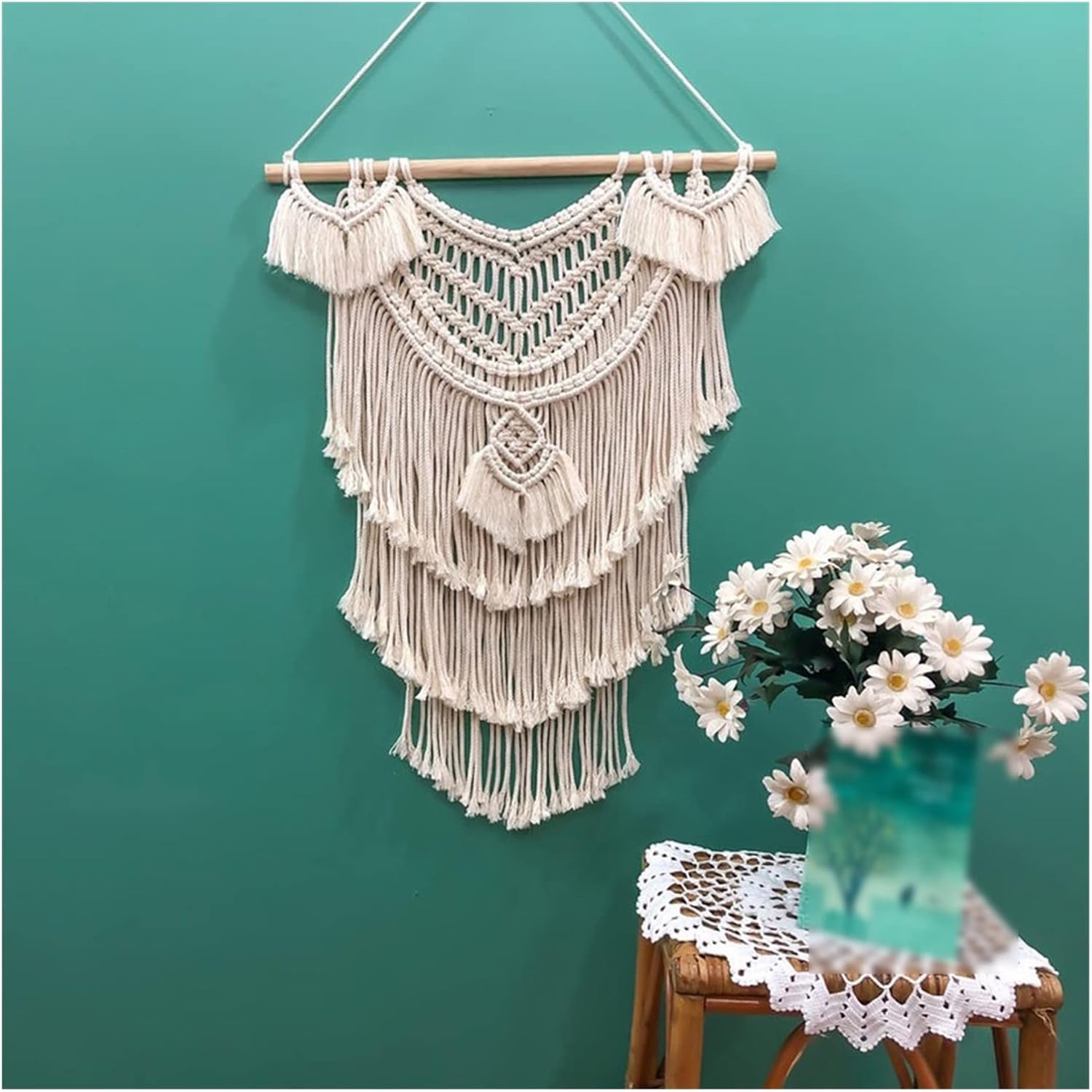 Tapestry Macrame Wall Hanging Tapestry Hand-Woven Pendant Chic Bohemian Woven Home Tapestry Wall Decor (Beige 55x75cm)