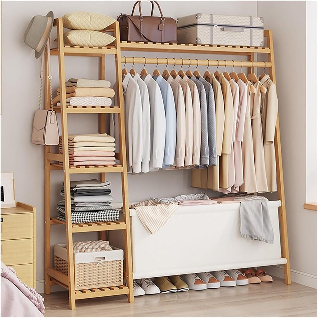 Bamboo Clothes Rack - Freestanding Garment Rack with Shelves and Shoe Storage, Clothing Rack for Hanging Clothes, Hats,for Bedroom, Closet, Office, or Dorm Organization(A,80CM)