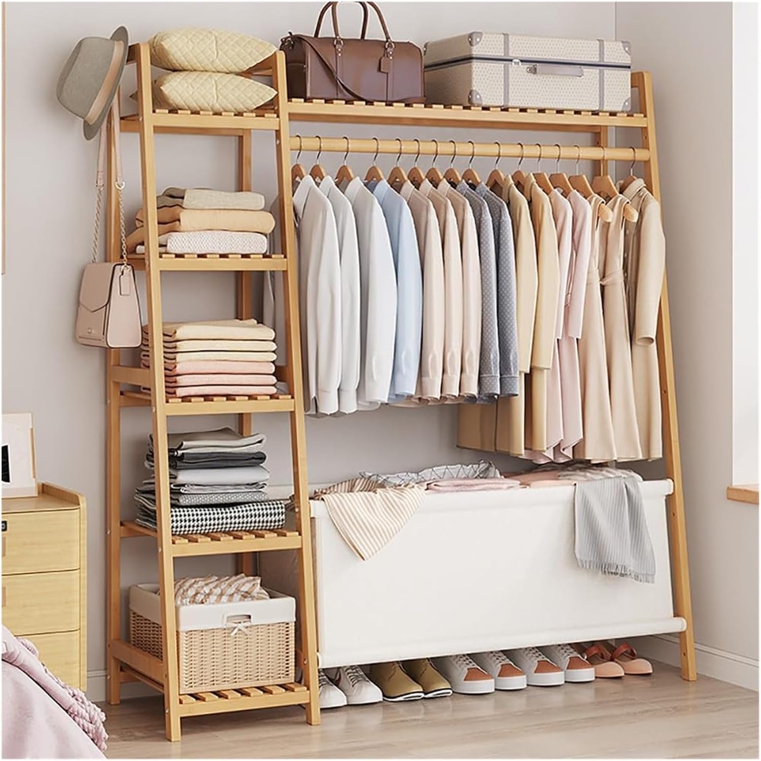 Bamboo Clothes Rack - Freestanding Garment Rack with Shelves and Shoe Storage, Clothing Rack for Hanging Clothes, Hats,for Bedroom, Closet, Office, or Dorm Organization(A,110CM)