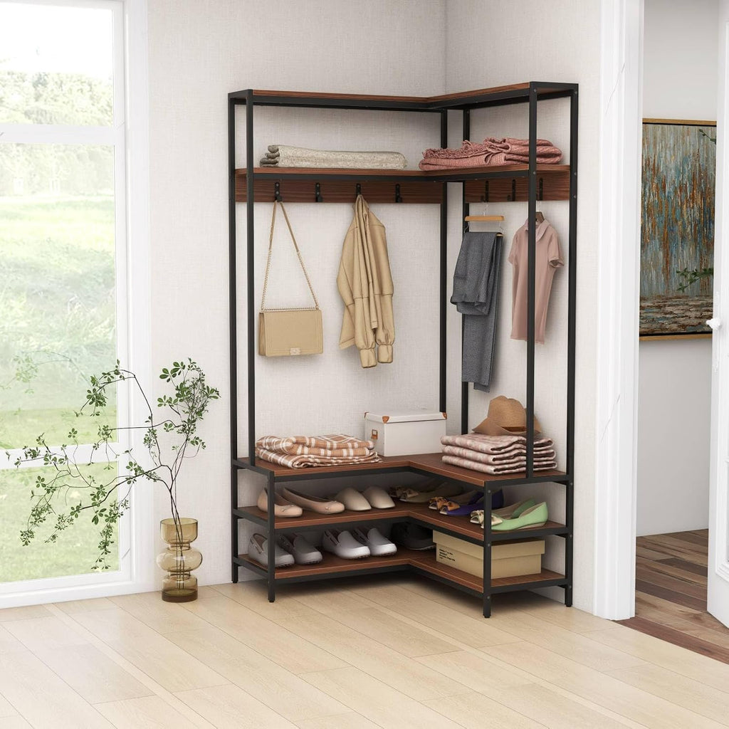 Multigot L-shaped Clothes Rack, Freestanding Corner Garment Rack Hall Tree with Shoe Storage Bench, Shelves and 7 Hooks, Metal Frame Coat Rack Stand Closet Storage Organizer (Walnut+Black)