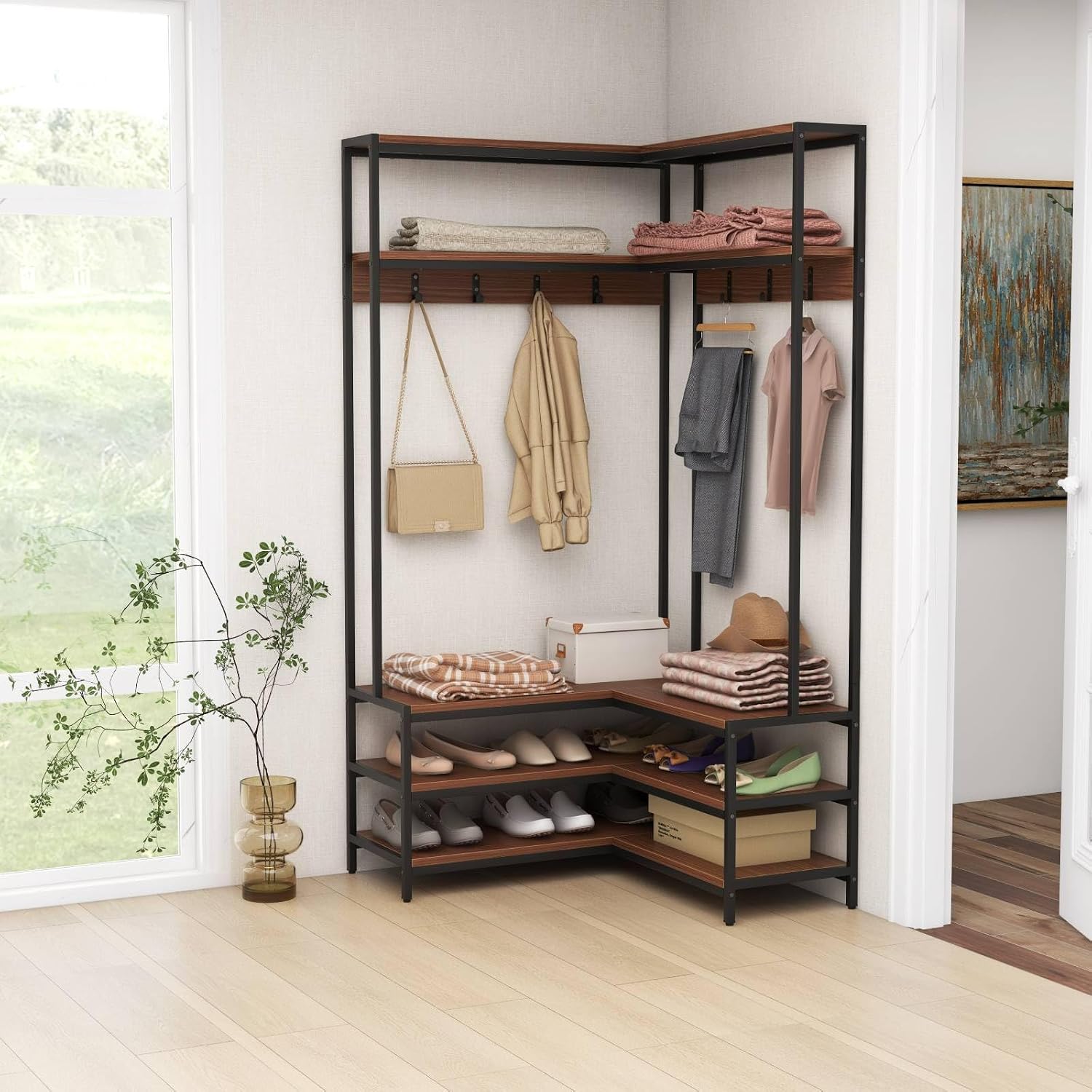 Multigot L-shaped Clothes Rack, Freestanding Corner Garment Rack Hall Tree with Shoe Storage Bench, Shelves and 7 Hooks, Metal Frame Coat Rack Stand Closet Storage Organizer (Walnut+Black)
