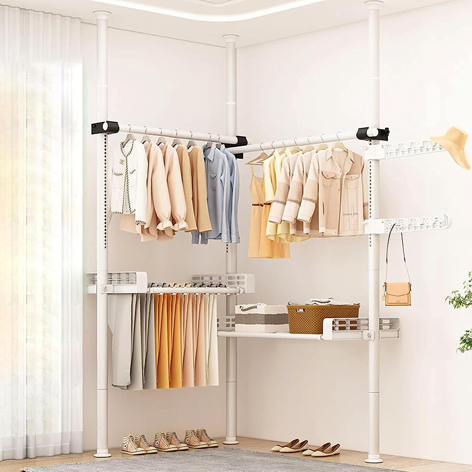 Heavy Duty Garment Rack - Telescopic Coat Hanger with Tray, Height Adjustable Clothes Tidy Rail for Closet Organization