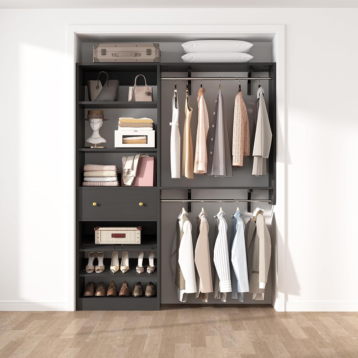 Closet System with Drawer - Reversible 5FT Wood Closet Organizer System with 2 Hanging Rods and Adjustable Shelf, Walk In Closet Organizers with Shoe Rack, Built-In Garment Rack Clothes Rack, Black