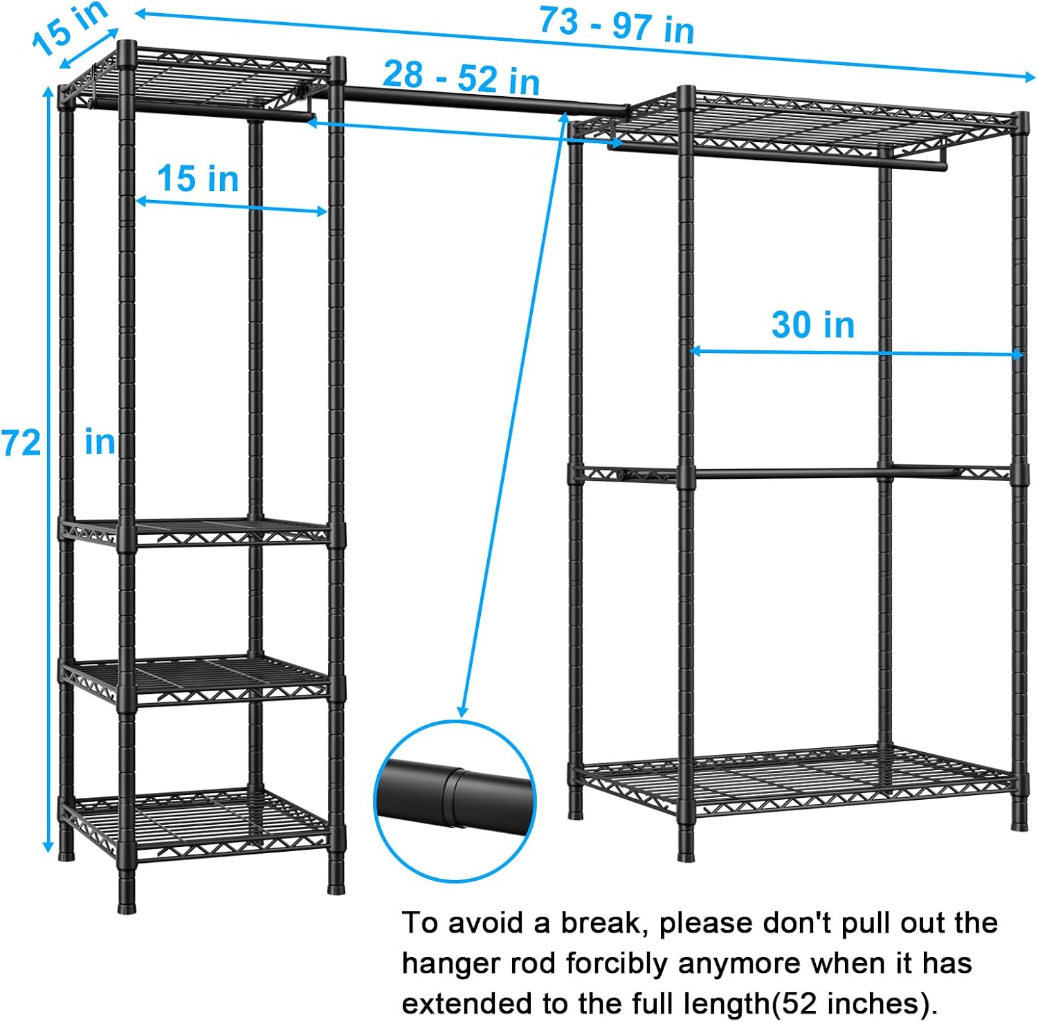 Ulif E10 and E12 Clothes Rack（With Stretchable Hanger Rod）, Heavy Duty Freestanding Garment Rack with Shelves，Metal Clothing Closet Storage System for Hanging Clothes