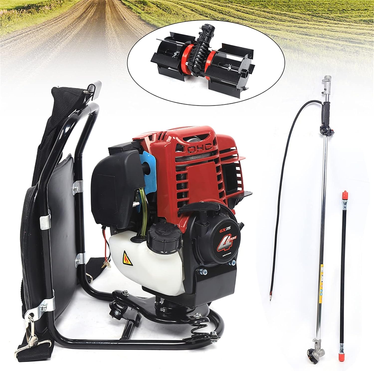 TBG140 4Stroke Cultivator Tiller Lawn Mower Hedge Trimmer Brush Cutter 2800rpm,3 in 1 Gas Powered Brush Grass Trimmer Cutter for Farmland Weeding, Harvesting, Clearing