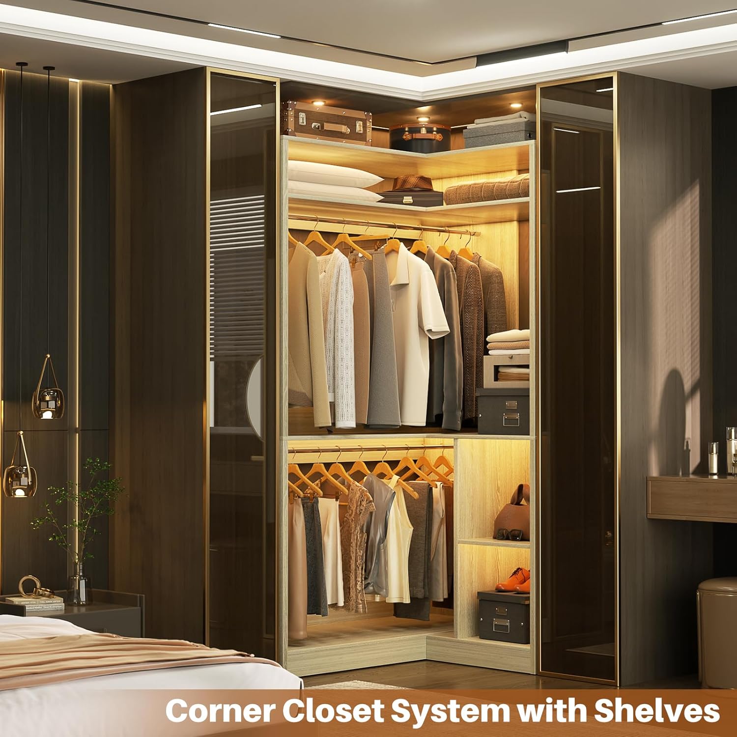 Aheaplus Corner Closet System with Shelves, 34'' Closet Organizer System with Hanging Rods, Wood Walk-in Closets for Corner Small Space,Freestanding Corner Tower, L Shaped Garment Rack, White Oak