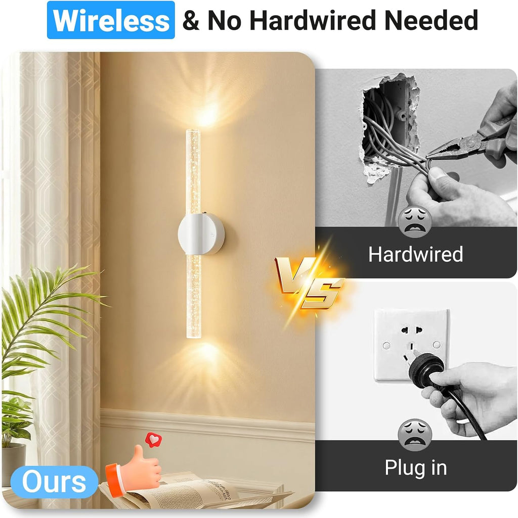 Peel and Stick on Battery Powered Wall Sconces Set of Two, Rechargeable Magnetic Linear Wall Lights for Bedroom, Cordless Sconces with Remote&Touch Control, 3CCT&Dimmable Vanity Wall Lamp, White