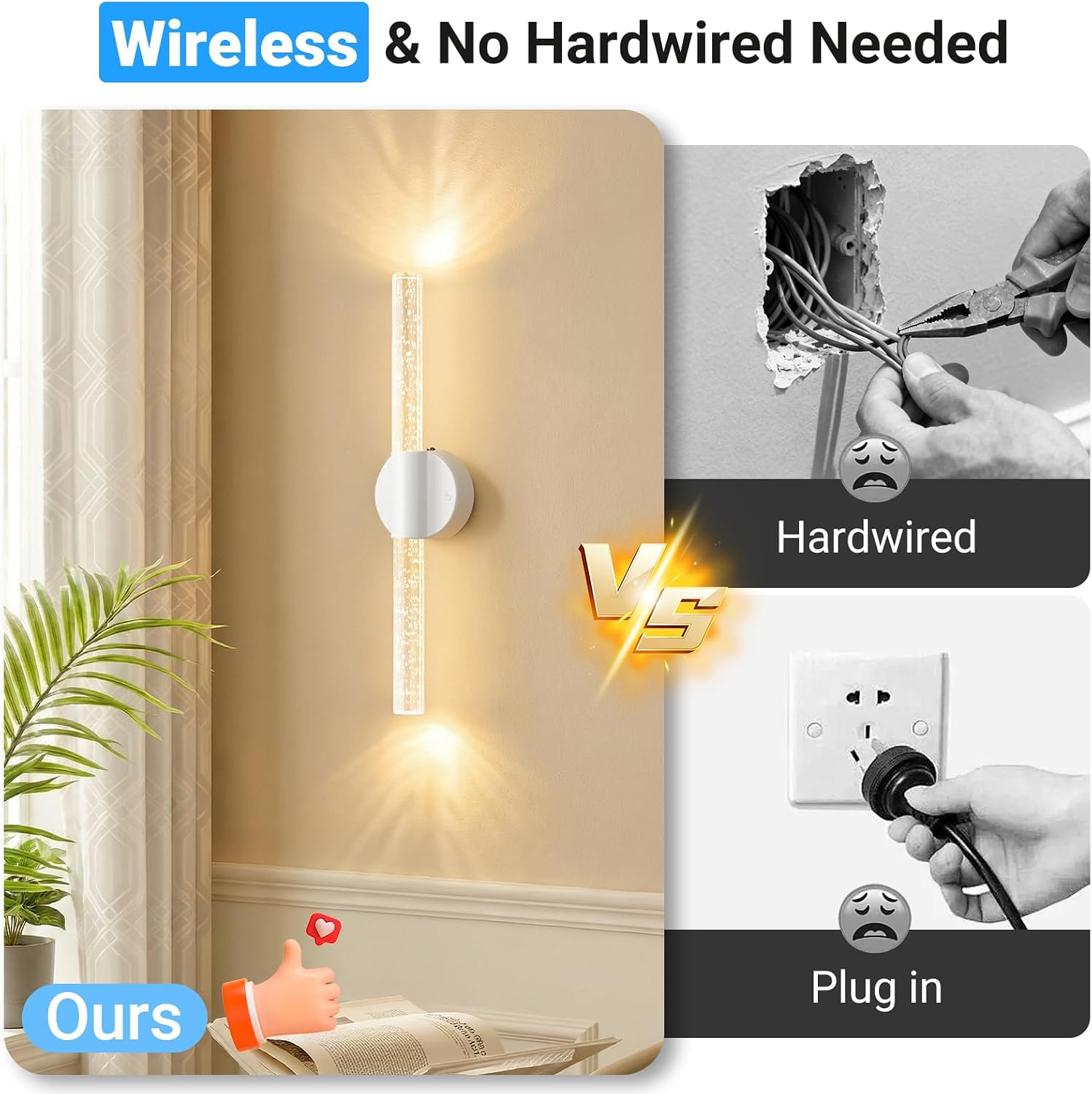 Peel and Stick on Battery Powered Wall Sconces Set of Two, Rechargeable Magnetic Linear Wall Lights for Bedroom, Cordless Sconces with Remote&Touch Control, 3CCT&Dimmable Vanity Wall Lamp, White