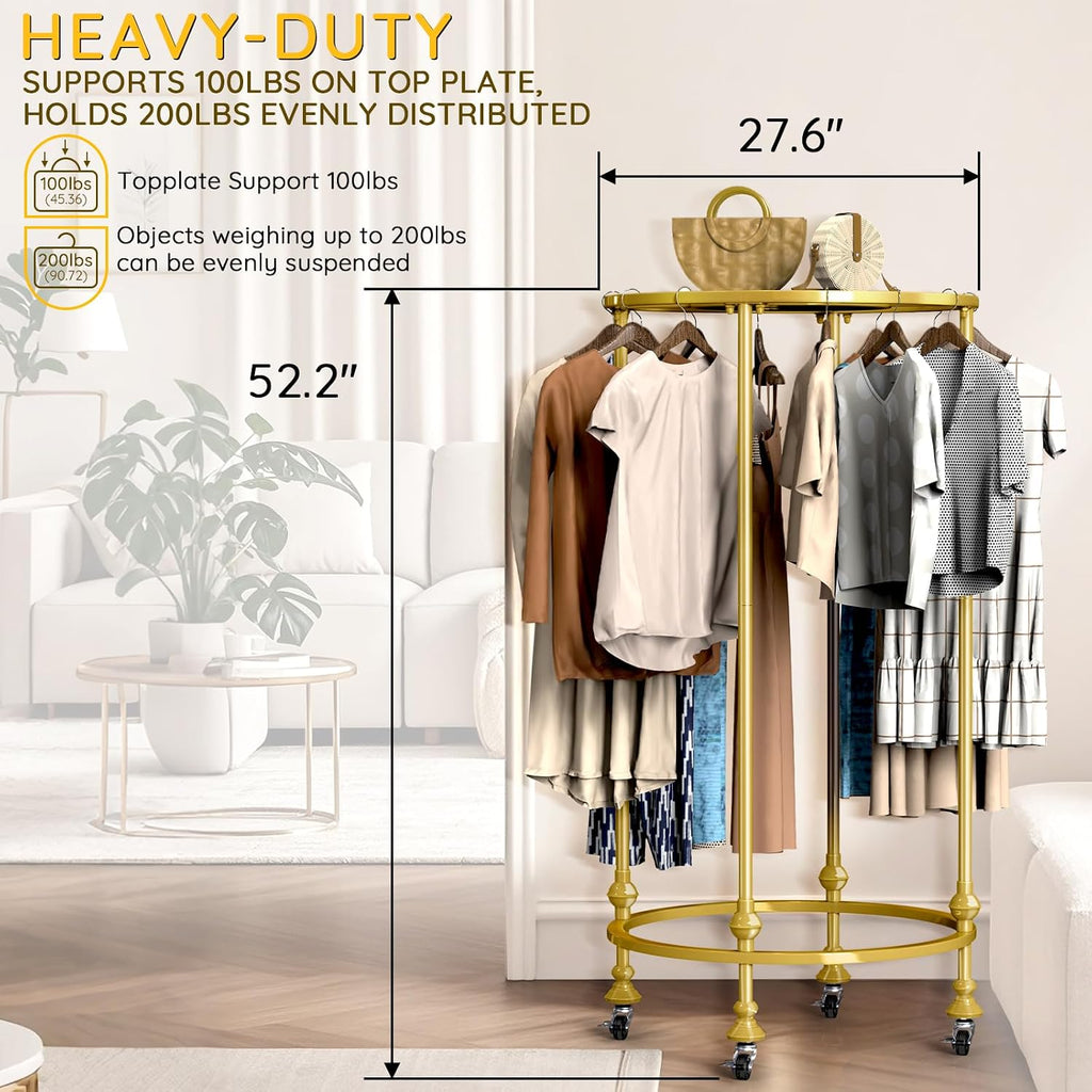 Rolling Round Garment Rack, Freestanding Double Space Multi-Purpose Retail Clothing Rack with Wheels and Topper, Heavy Duty Commercial Clothing Organizer for Retail Boutique Bedroom (Gold)