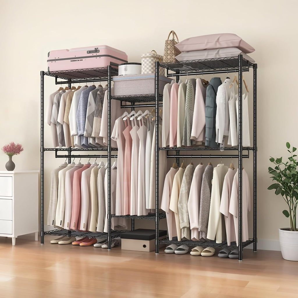 Heavy Duty Garment Rack, Freestanding Closet Organizer, Portable Wardrobe Clothes Rack, Adjustable Wire Shelving Clothes Rack with 8 Adjustable Wire Shelves and 5 Clothes Rails, Black (Without Hook)