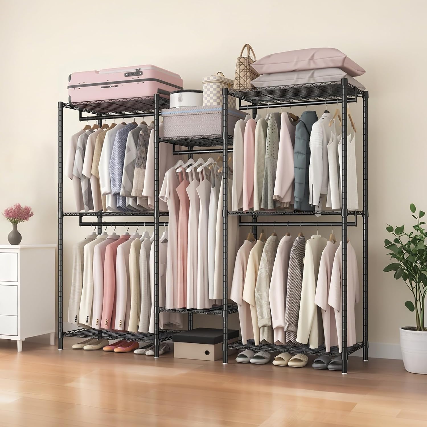 Heavy Duty Garment Rack, Freestanding Closet Organizer, Portable Wardrobe Clothes Rack, Adjustable Wire Shelving Clothes Rack with 8 Adjustable Wire Shelves and 5 Clothes Rails, Black (Without Hook)
