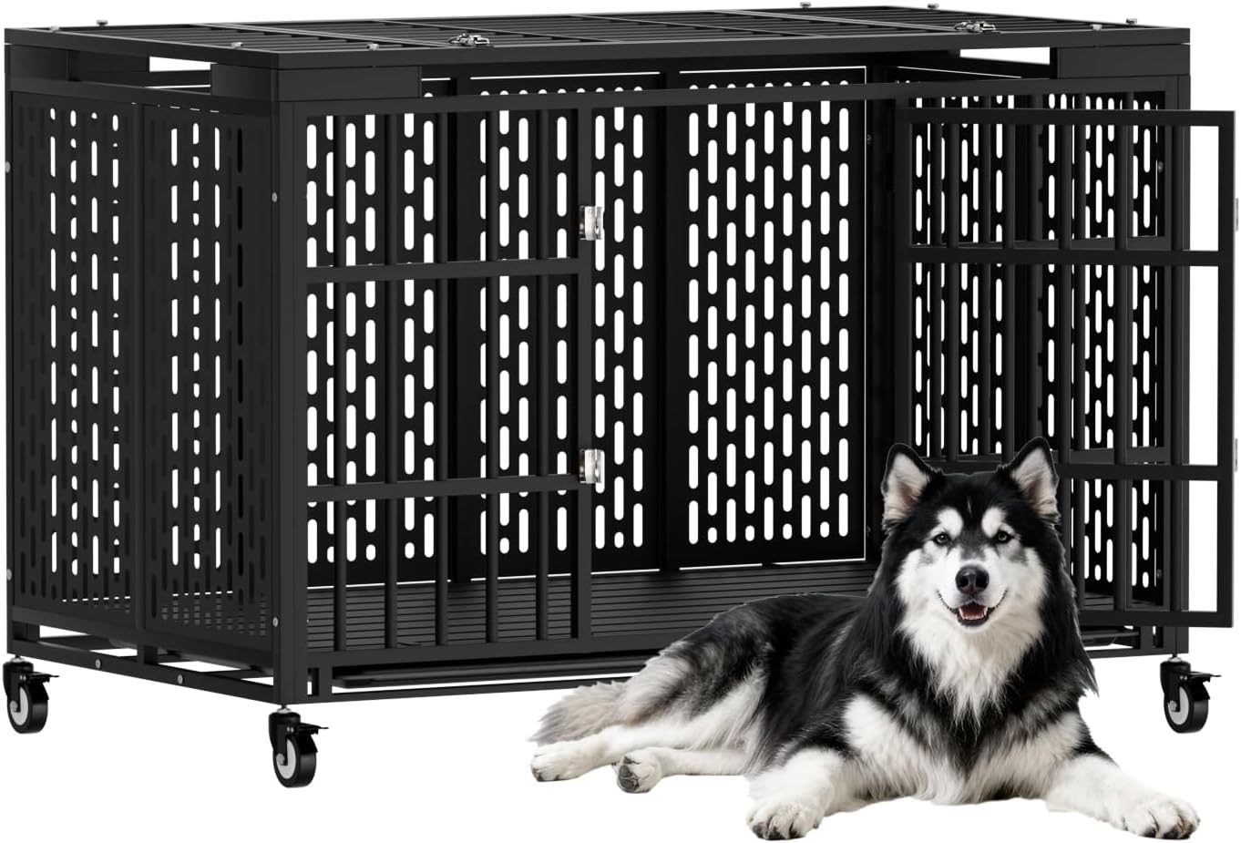 54 Inch Heavy Duty Dog Crate with Wheels,Indestructible Escape-Proof Dog Kennel with Locking Latch and Double Door,Extra Large XL XXL Crate Indoor for Large and Medium Dog with Removable Tray