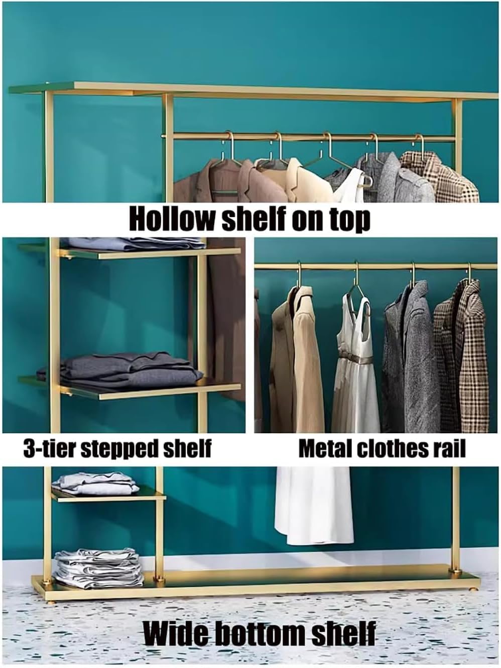 5-Tier Clothing Rack, Free Standing Garment Rack with Shelves for Home,Storage Display Stand for Clothes, Shoes, Accessories – Metal Frame, Space-Saving(Gold,47IN)