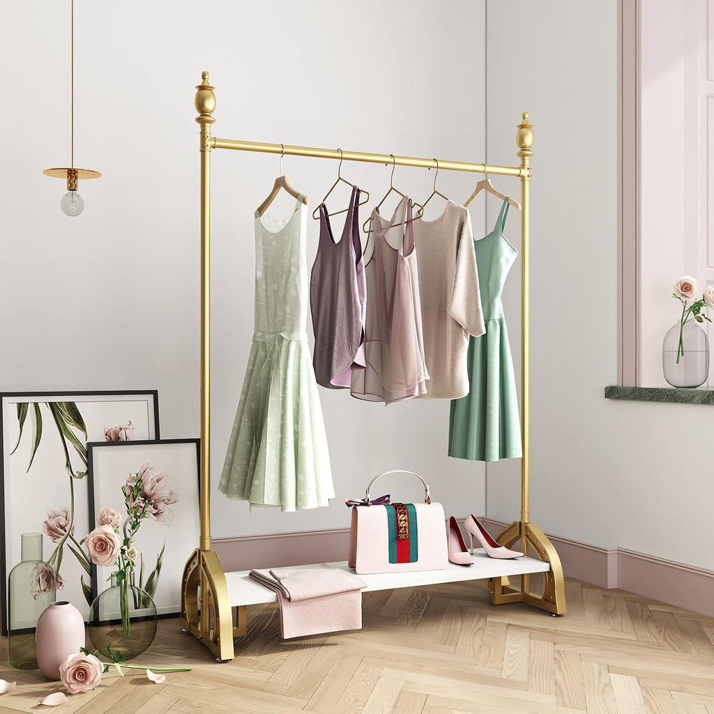 Gold Clothing Rack, Boutique Gold Clothes Racks with Shelf for Display, Heavy Duty Garment Rack for Retail Use (47.24L)