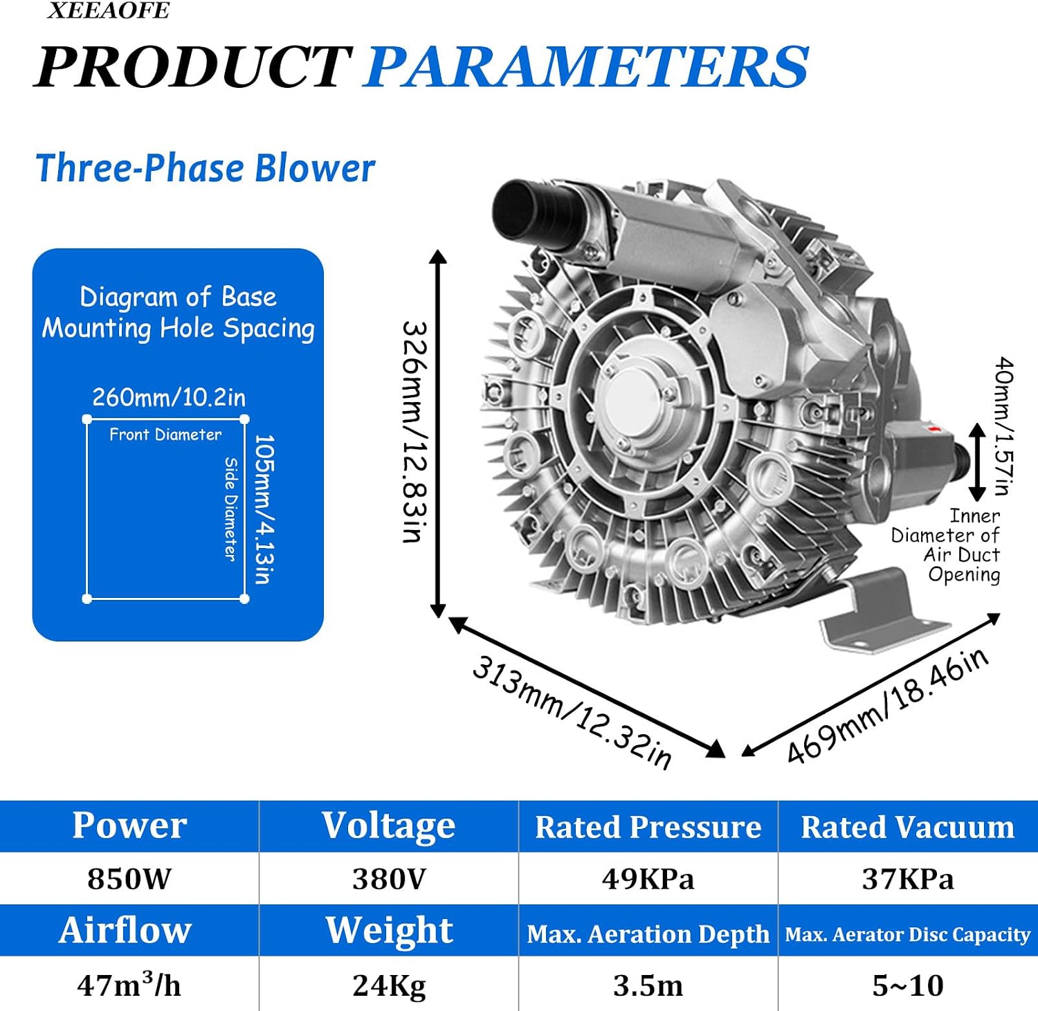 Industrial Regenerative Fan, High Pressure Vortex Ring Blower, for Swimming Pool, Jacuzzi, Spa, Fertilizer, Air Pump, Blower Pump, 550/850/1100W 380V/850W