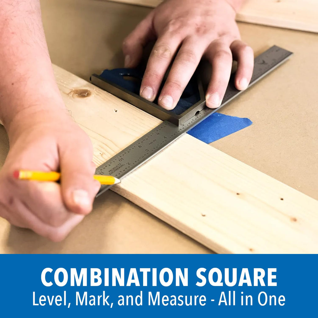 PEC Tools 4-Piece Combination Square - 18' Machinist Blade (4R) with Cast Iron Heads, Protractor, Center Finder, Square Head with Level Vial & Scribe Tool - for Carpentry, Woodworking - Made in USA