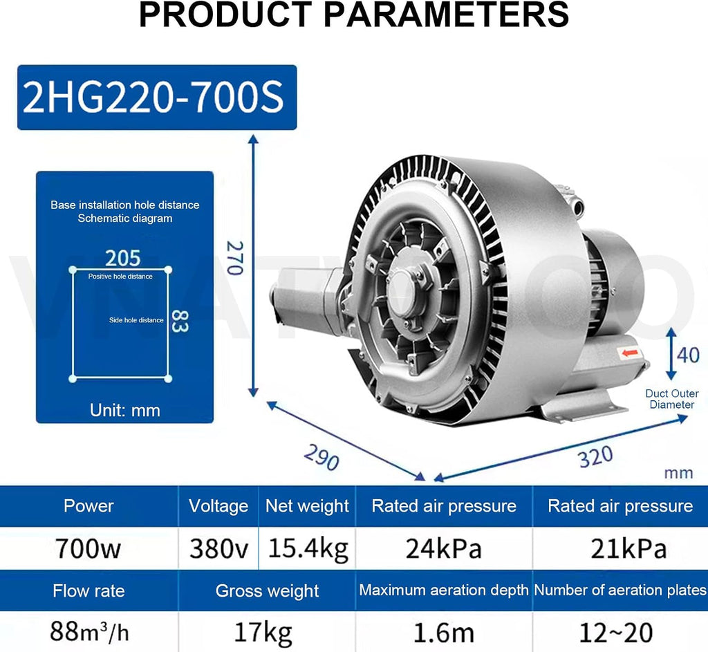 High Pressure Regenerative Blower, Dual Stage Vortex Fan for Fish Tank Aeration & Workshop Air Circulation, 700W Aluminum Electric Motor, 220V Industrial Equipment