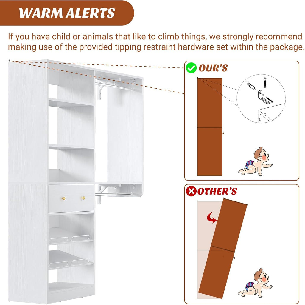 [10 FT Closet System] 120 Inch Reversible Set of 2 Wood Closet Organizer System with 2 Drawers, 4 Hanging Rods Adjustable Shelf, Walk In Closet Organizers with Shoe Rack, Garment Rack, White