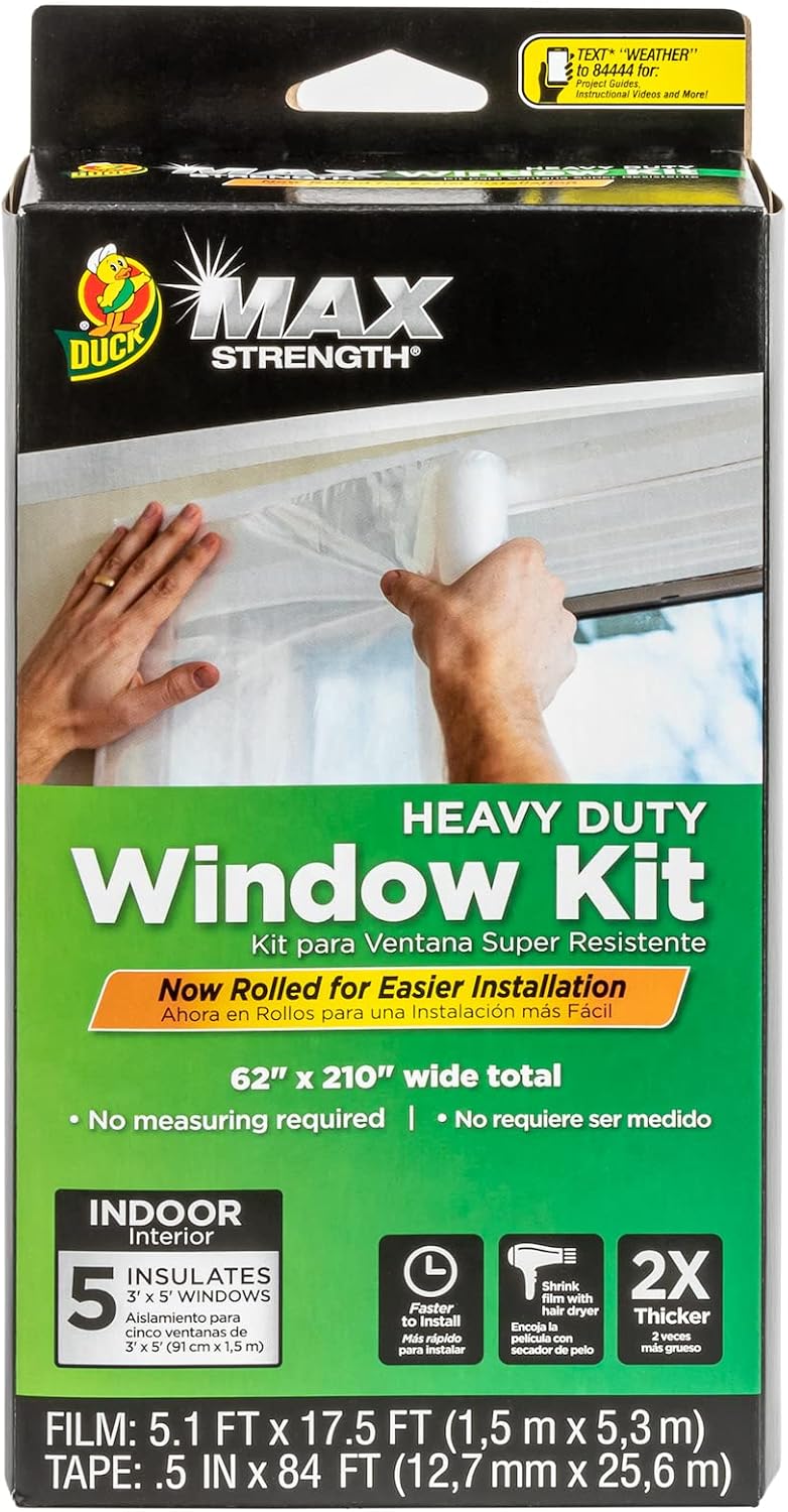 Duck MAX Strength Window Insulation Kit, Winter Window Seal Kit Fits up to 5 Windows, Heavy Duty Shrink Film Cuts to Size for Easy Indoor Installation, Window Tape Included,62 in. x 210 in., Clear