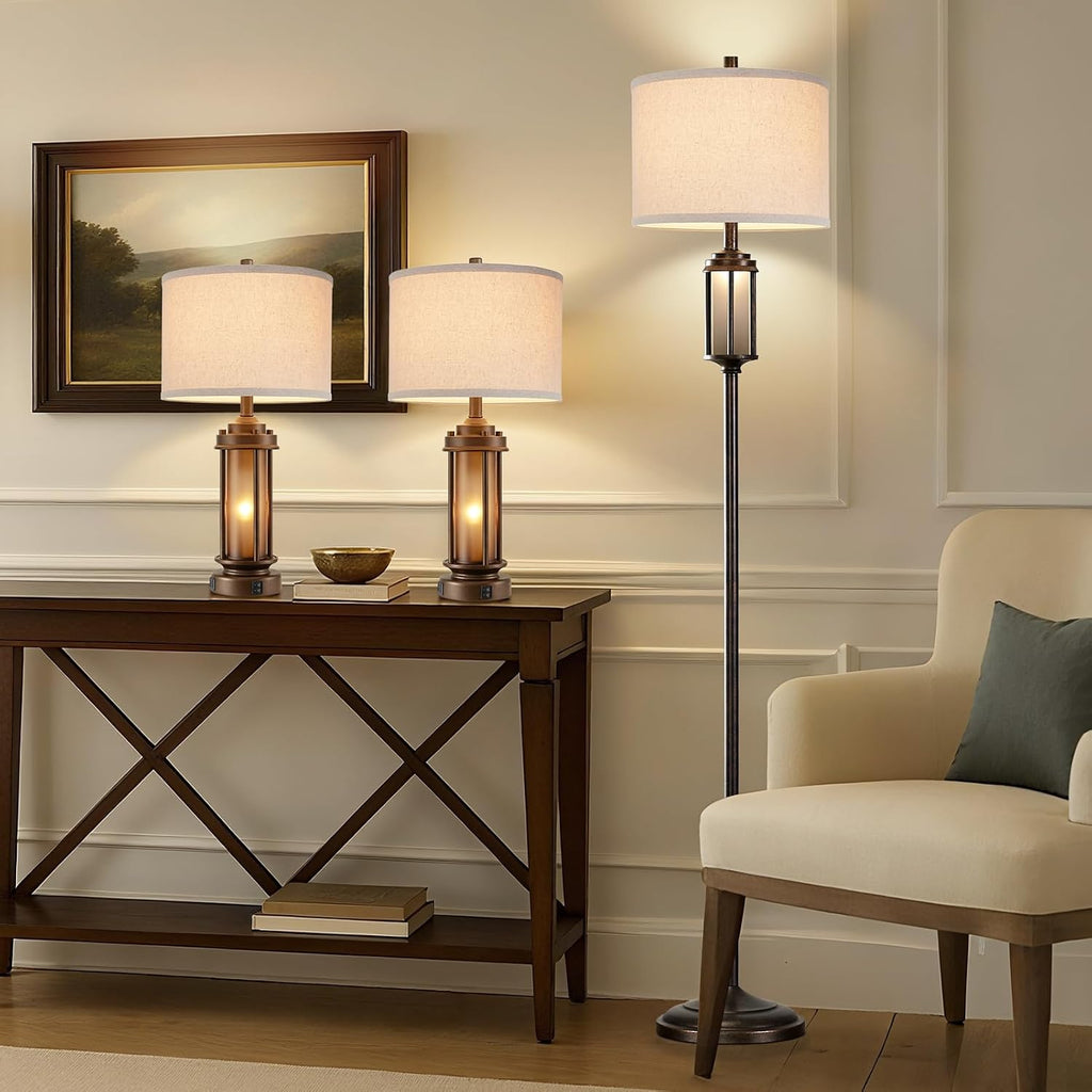 New - Same Matching Floor Lamp - 65'' Floor Lamp + 25'' Table Lamp Set of 2, Farmhouse Nightstand Lamp with Frosted Glass Nightlight Linen Fabric Shade for Living Room, Bedroom, Entryway, Bulb Include