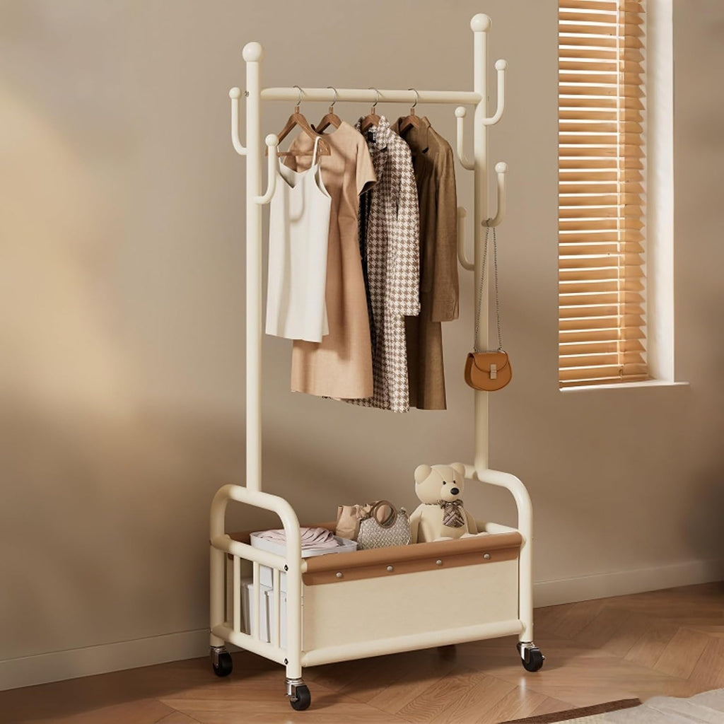 Metal Rolling Clothing Rack with Storage Basket & Side Hooks, Freestanding Garment Rack on Wheels,Portable clothes racks for Bedroom, Entryway, Small Space Organizer(White,60cm(23.6in))