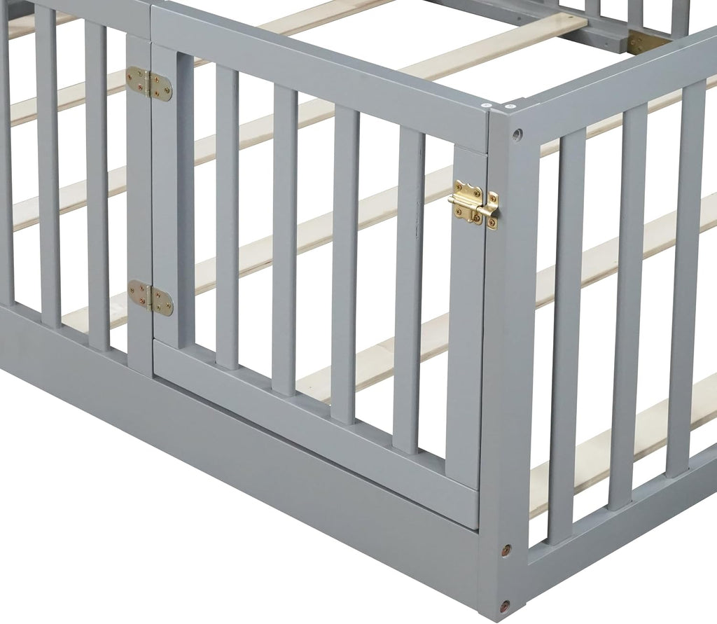 Full Size Floor Bed with 21.5' High Rails and Door, Solid Rubber Wood Montessori Bed Full for Boys Girls, Low Profile Kids Beds Frame with 6 Slats, No Box Spring Needeed, Grey