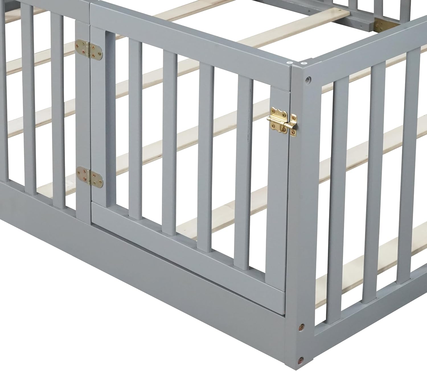 Full Size Floor Bed with 21.5' High Rails and Door, Solid Rubber Wood Montessori Bed Full for Boys Girls, Low Profile Kids Beds Frame with 6 Slats, No Box Spring Needeed, Grey
