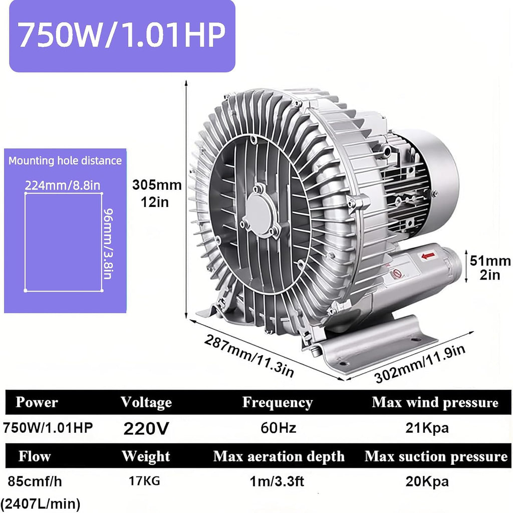 Regenerative Blower Single Phase,120W-1500W Vortex Ring Blower, High-Pressure Industrial Vacuum Pump,110v 60hz High Pressure Strong Centrifugal Fan for Air Blowing Or Suction (370W)