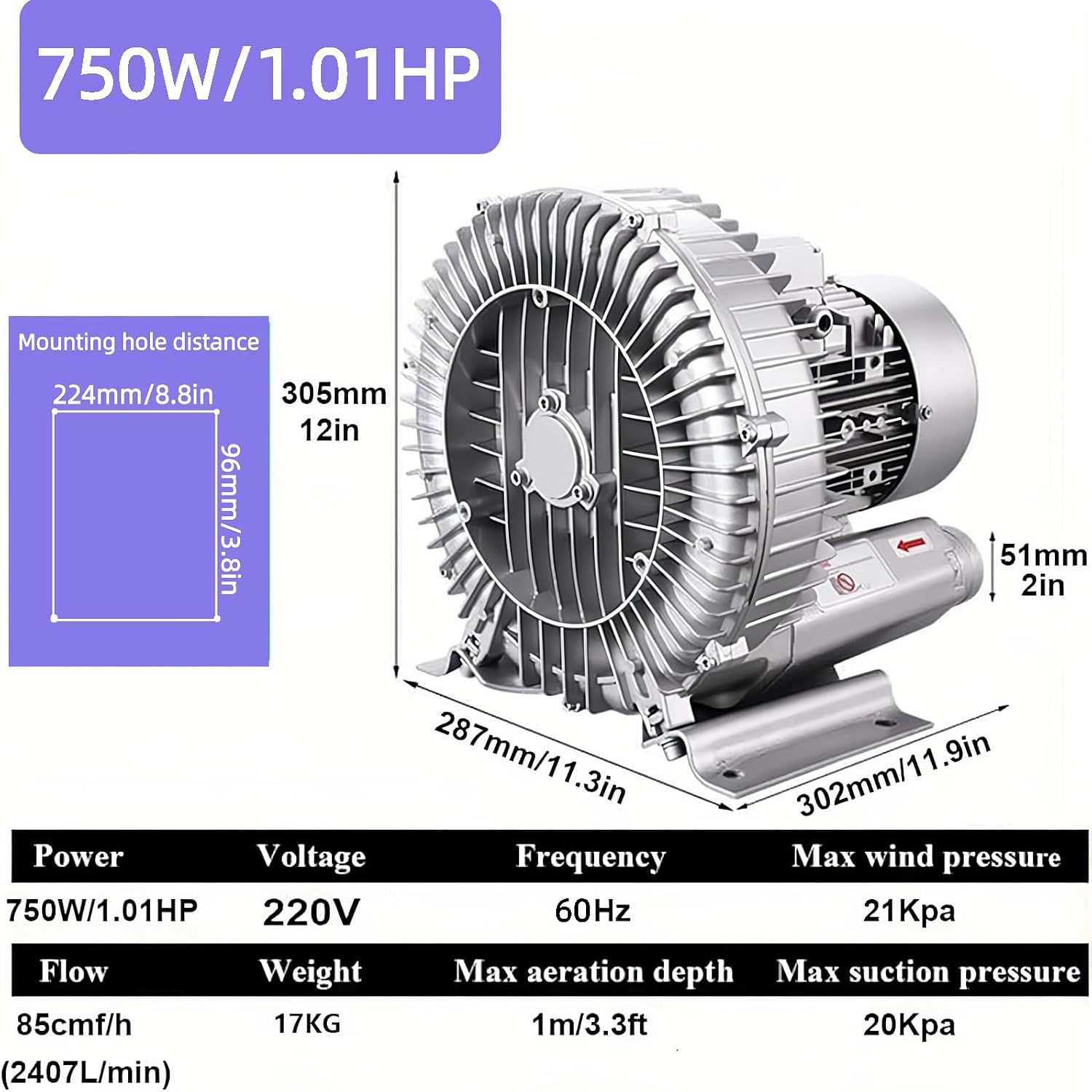 Regenerative Blower Single Phase,120W-1500W Vortex Ring Blower, High-Pressure Industrial Vacuum Pump,110v 60hz High Pressure Strong Centrifugal Fan for Air Blowing Or Suction (370W)