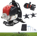 Backpack Gas Powered Cultivator Tiller Lawn Mower, 3IN1 1.4HP 4-Stroke 35.4cc Brush Cutter Hedge Trimmer with 2T Blade, Single Cylinder Air-Cooled Gasoline Engine Grass Trimmer Weed Eater