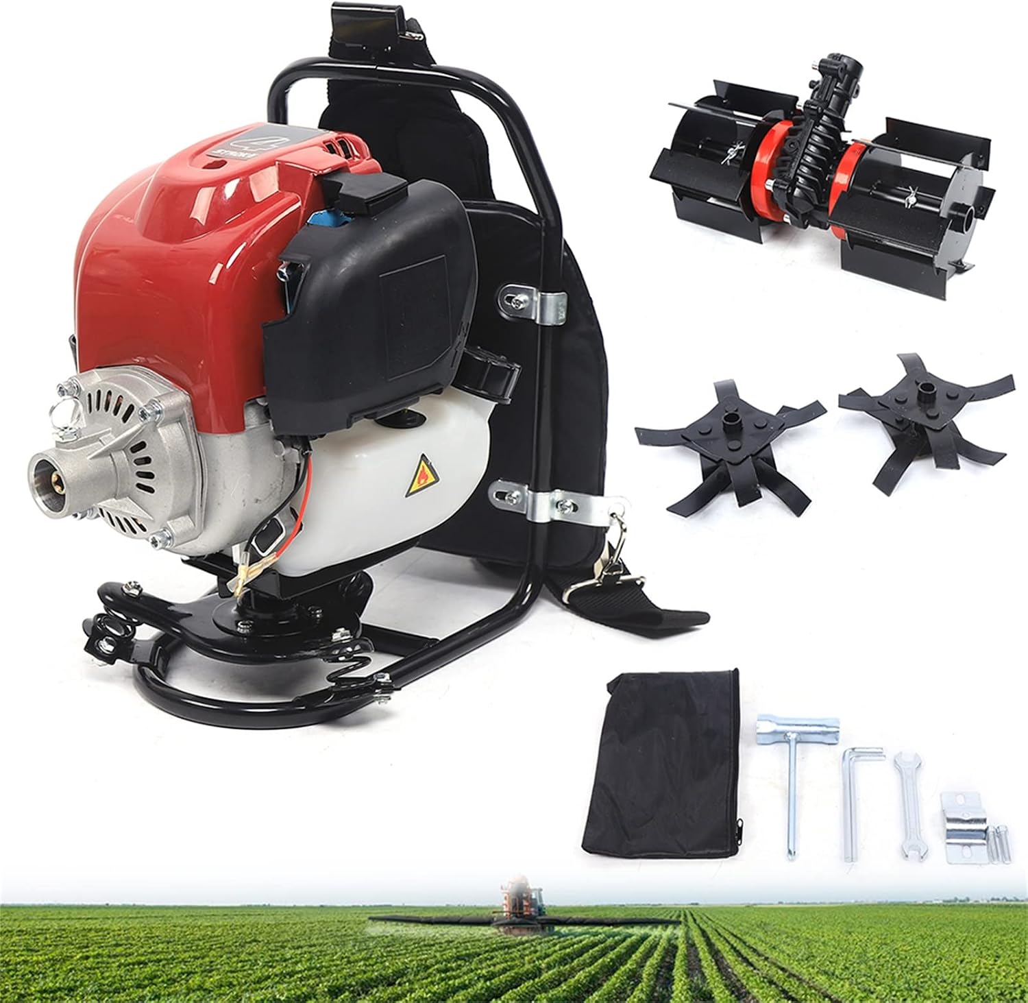 Backpack Gas Powered Cultivator Tiller Lawn Mower, 3IN1 1.4HP 4-Stroke 35.4cc Brush Cutter Hedge Trimmer with 2T Blade, Single Cylinder Air-Cooled Gasoline Engine Grass Trimmer Weed Eater