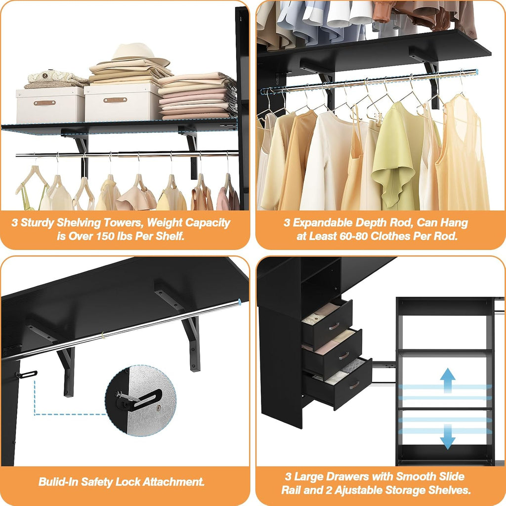 iSunirm 8FT Closet System, 96'' Closet Organizer System with 3 Hanging Rods, Wall Mount Bedroom Wardrobe with 3 Drawers Walk-in Closet, Adjustable Cloth Garment Rack from 5 to 8FT (Cut to Fit), Black