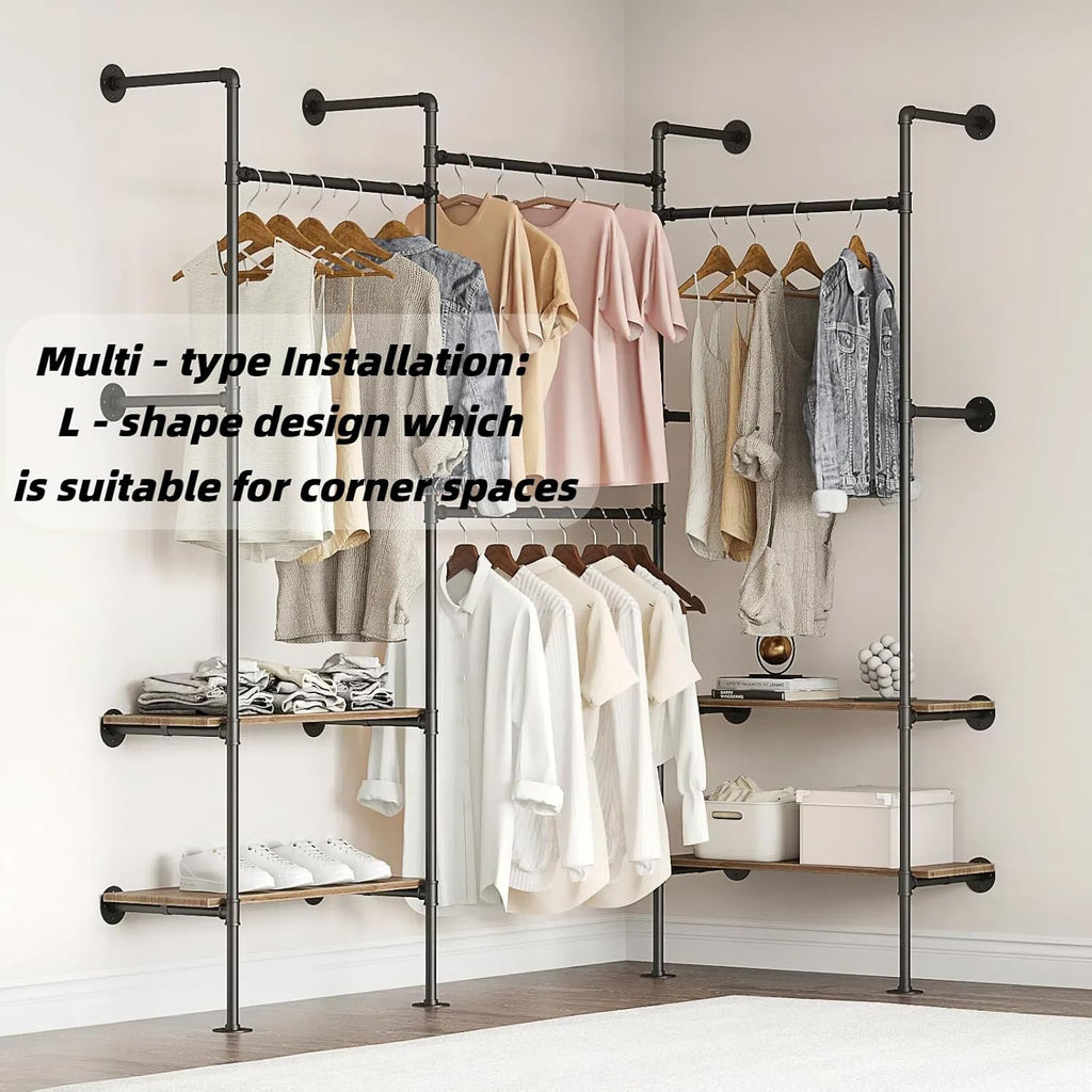 Industrial Pipe Clothing Rack, Wall Mounted Clothes Rack for Hanging Clothes, Retail Display Rack with Shelves, Add Corner installation Method (Black, III-2Tier)