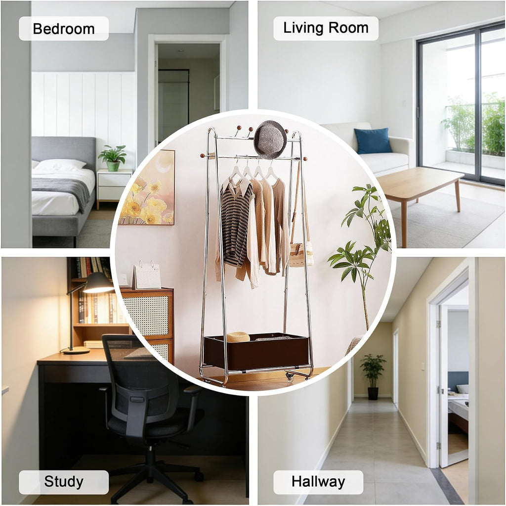 32in Modern Minimalist Coat Rack Stand Metal Garment Rack Features Solid Wood Storage Basket And 4 Wheels Floor Standing Clothes Rack Organizer For Bedrooms, Living Rooms,Walnut finish,24.4in