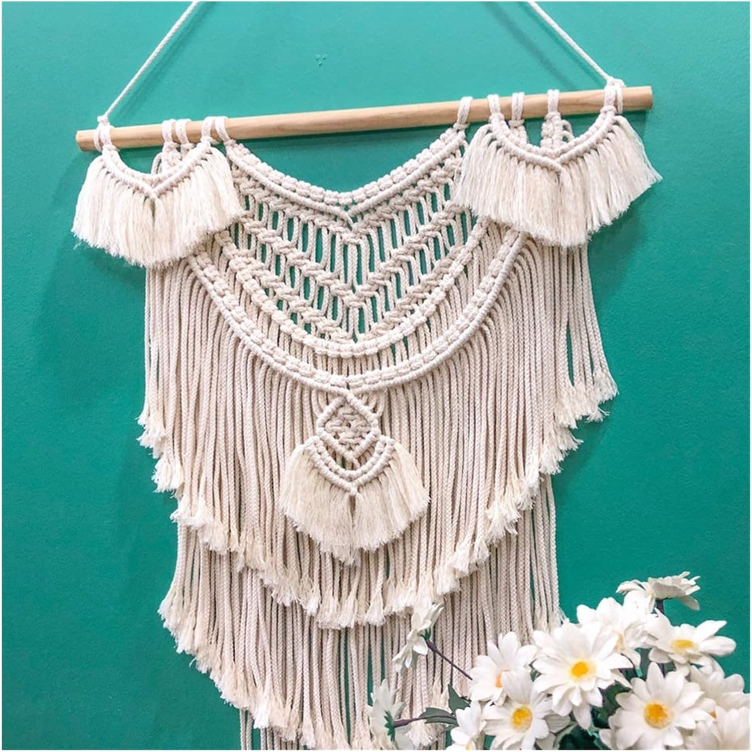Tapestry Macrame Wall Hanging Tapestry Hand-Woven Pendant Chic Bohemian Woven Home Tapestry Wall Decor (Beige 55x75cm)