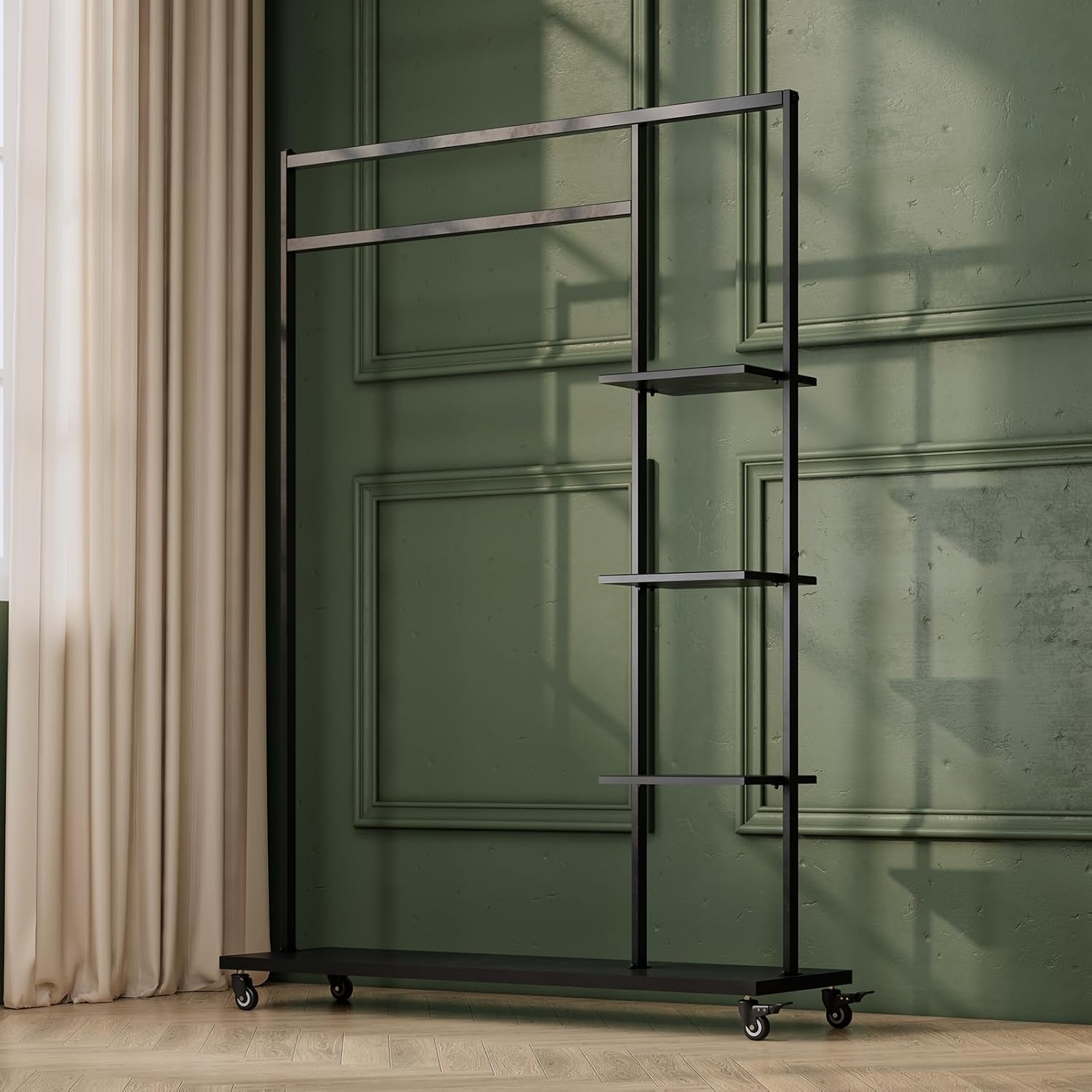 Rolling Garment Rack with Shelves on Wheels,Freestanding Metal Clothing Rack with 4 Storage Shelves,Sturdy Clothes Rack for Hanging Clothes, Bedroom,Closet,Entryway,Boutique Display