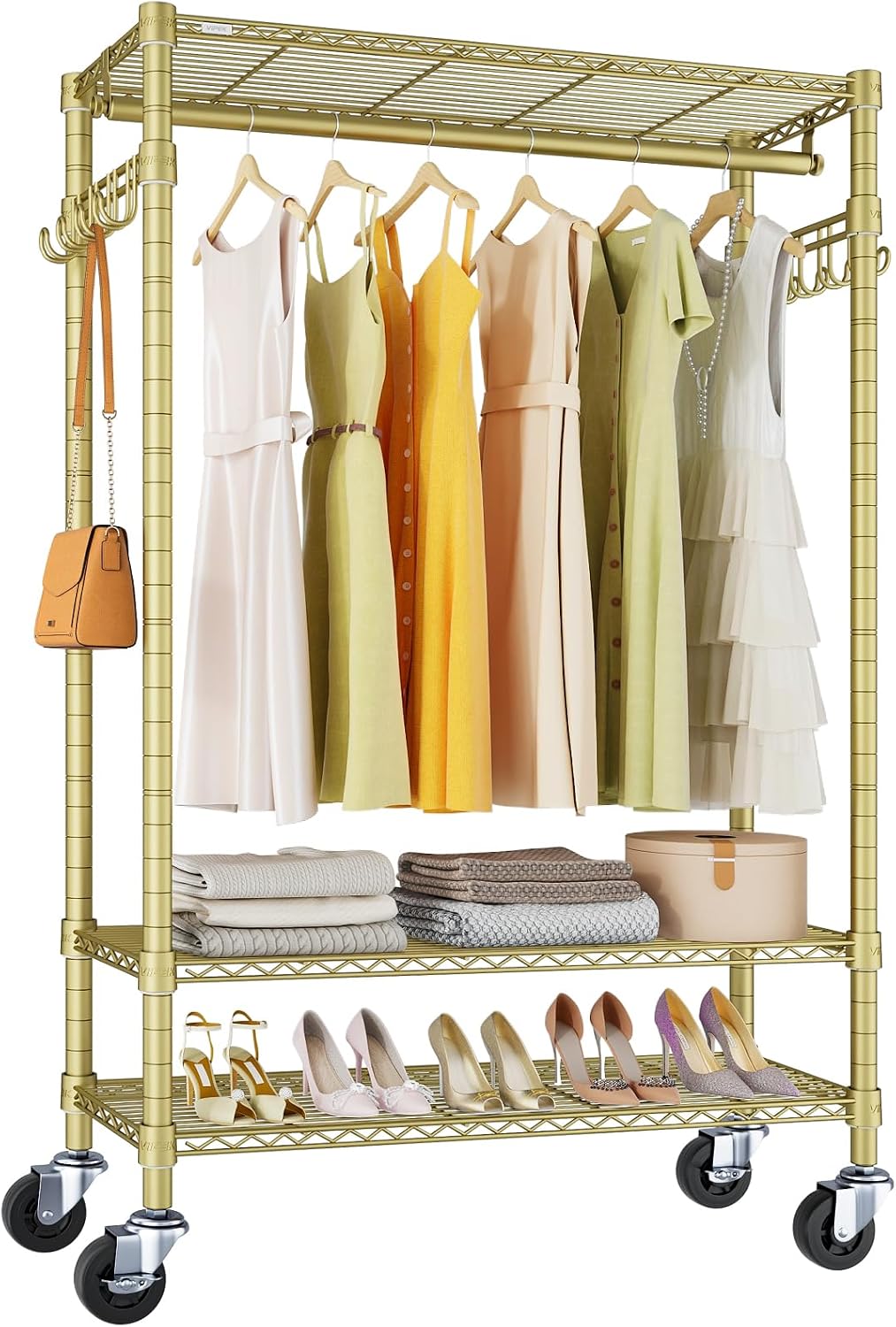 VIPEK R3 Heavy Duty Clothes Rack with Lockable Wheels, Rolling Portable Closet with Adjustable Shelves & Hanging Rod & Side Hooks, Compact Space-Saving Storage for Small Apartments/Dorms (Gold)