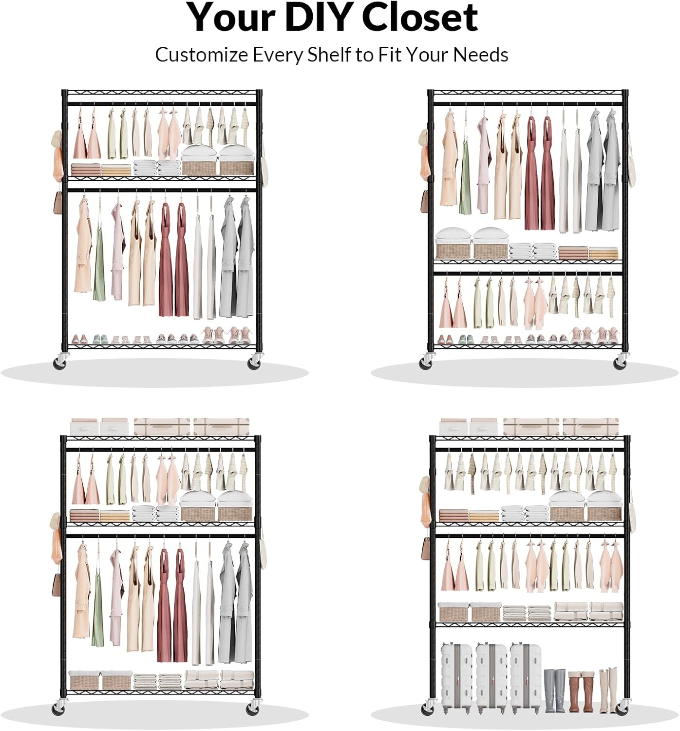 Rolling Clothes Rack Heavy Duty, Free Standing Garment Rack with Wheels, Portable Closet Rack, Closet Organizer System with 35.4' W x 15.7' D x 76' H, Max Load 500Lbs (Black)