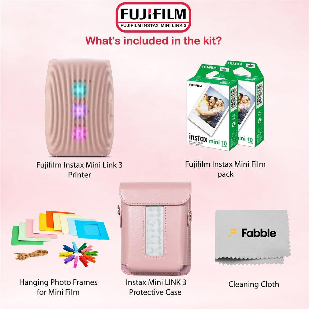 Fujifilm Instax Mini Link 3 Smartphone Printer – Rose Pink Bundle with a Protective Case, Twin Pack Instant Film (20 Sheets), Hanging Photo Frames, and Premium Microfiber Cleaning Cloth