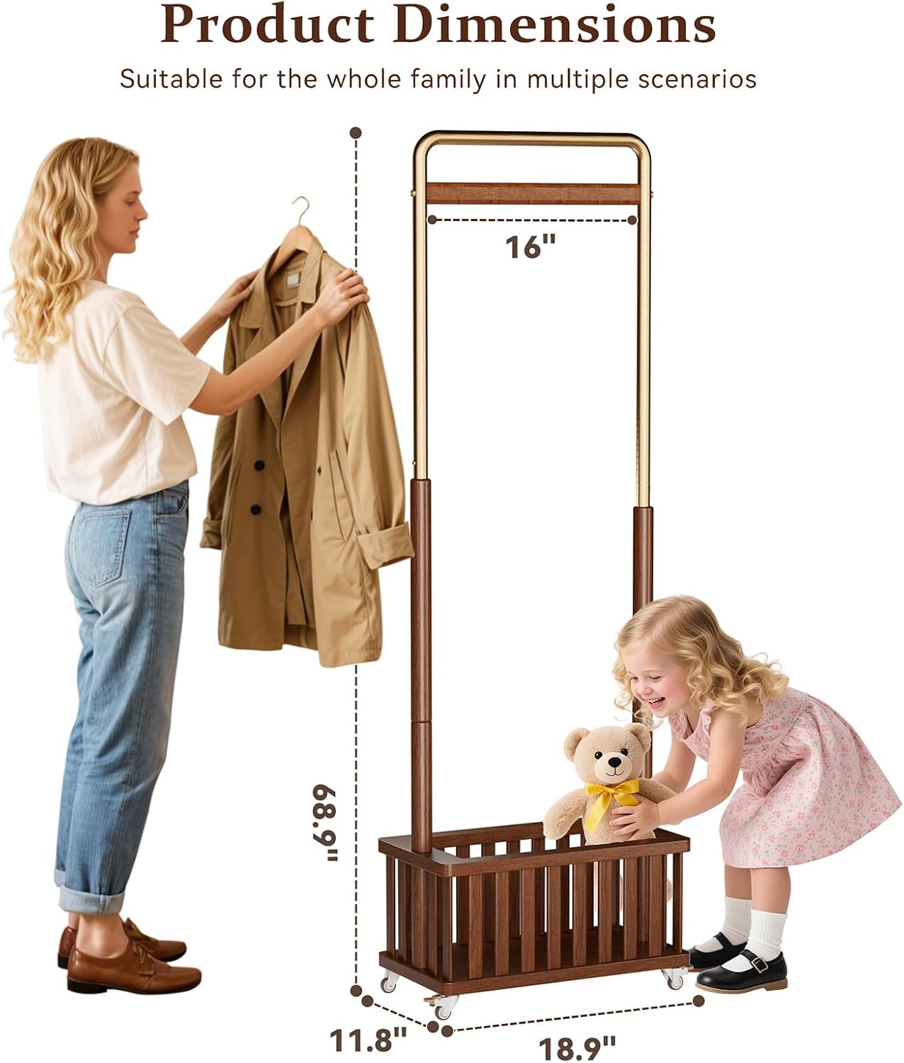 Taitiy Clothes Rack Solid Wood Coat Rack, Metal and Solid Wood Combination Clothing Rack with Wheels for Entryway, Bedroom, Living Room, Coat Racks Freestanding for Hanging Clothes Garment Scarf