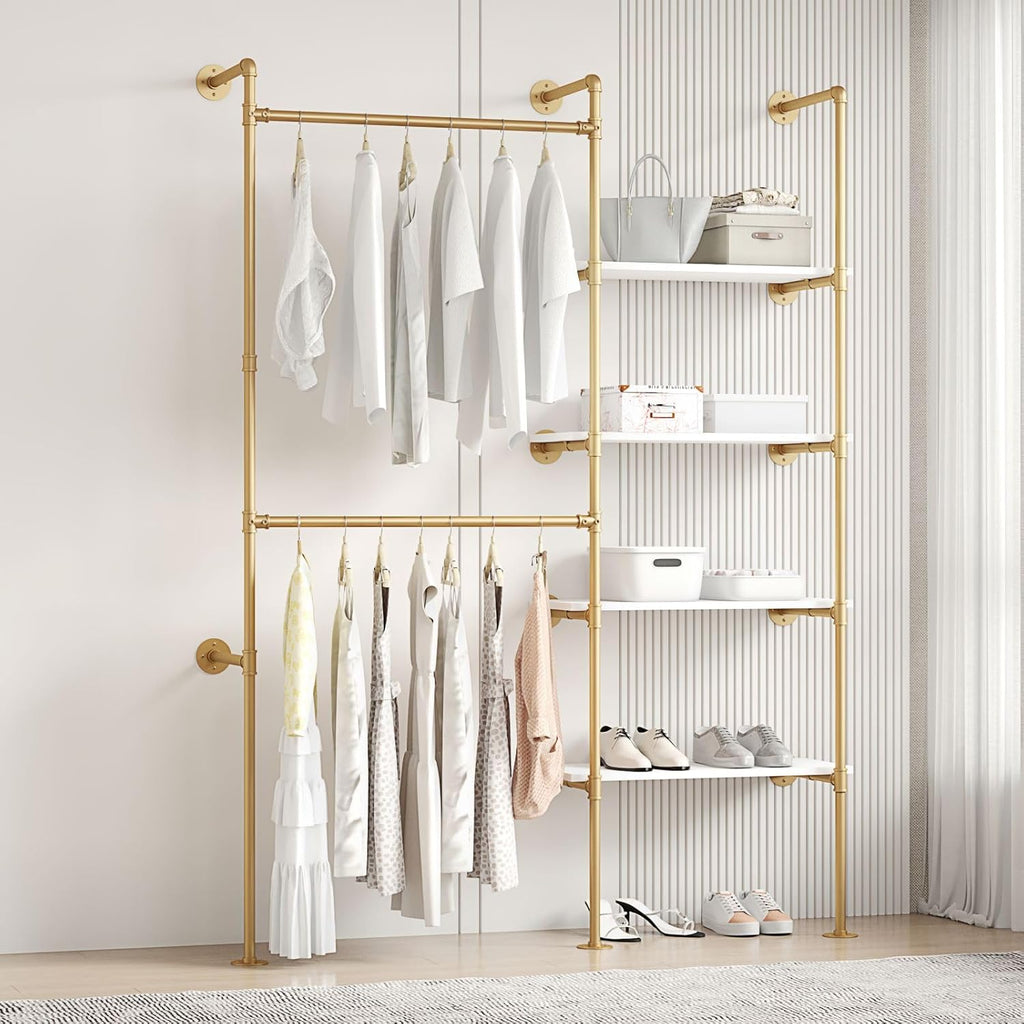 Industrial Pipe Clothing Rack, Hanging Rods Clothes Rack with Shelves, Clothes Rack for Wardrobe, Corner Closet System for Walk in Closets (Gold, II-4Tier)
