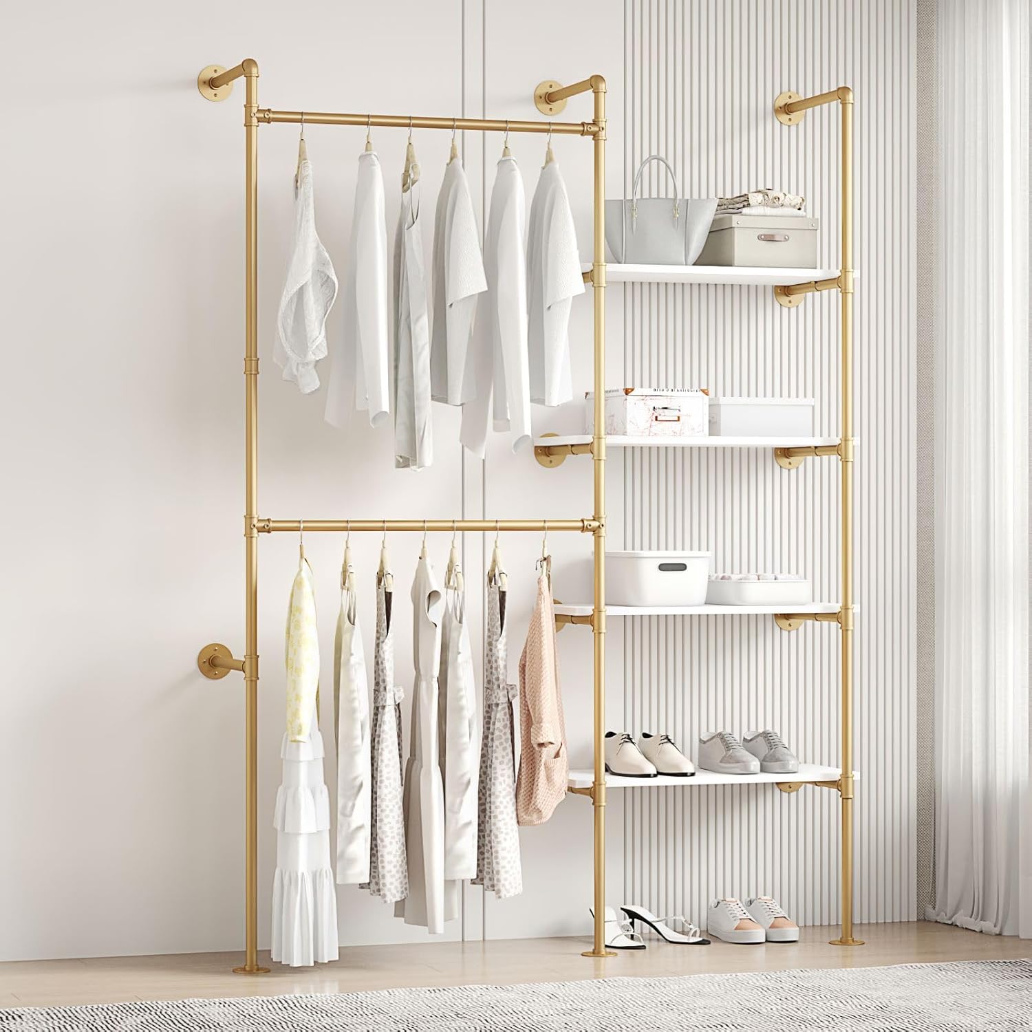 Industrial Pipe Clothing Rack, Hanging Rods Clothes Rack with Shelves, Clothes Rack for Wardrobe, Corner Closet System for Walk in Closets (Gold, II-4Tier)