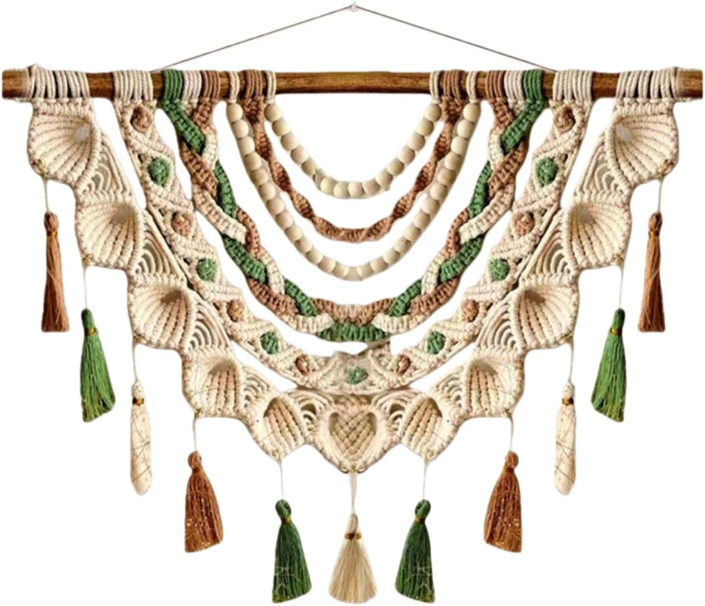 Macrame Wall Hanging Boho Macrame Wall Hanging, Handmade Woven Tapestry with Wooden Beads & Tassels, Home Decor for Bedroom Living Room Dorm(Green,80x60cm/31.5x23.6in)