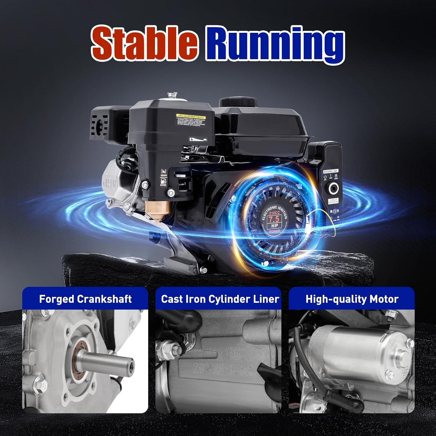 Gas Engine Motor for Honda GX160, 4-Stroke Gas Engine, Go Kart Garden Tiller Cultivator Air Cooling Single Cylinder OHV Gasoline Petrol Engine Motor Replacement(7.5HP, 210CC, Black)