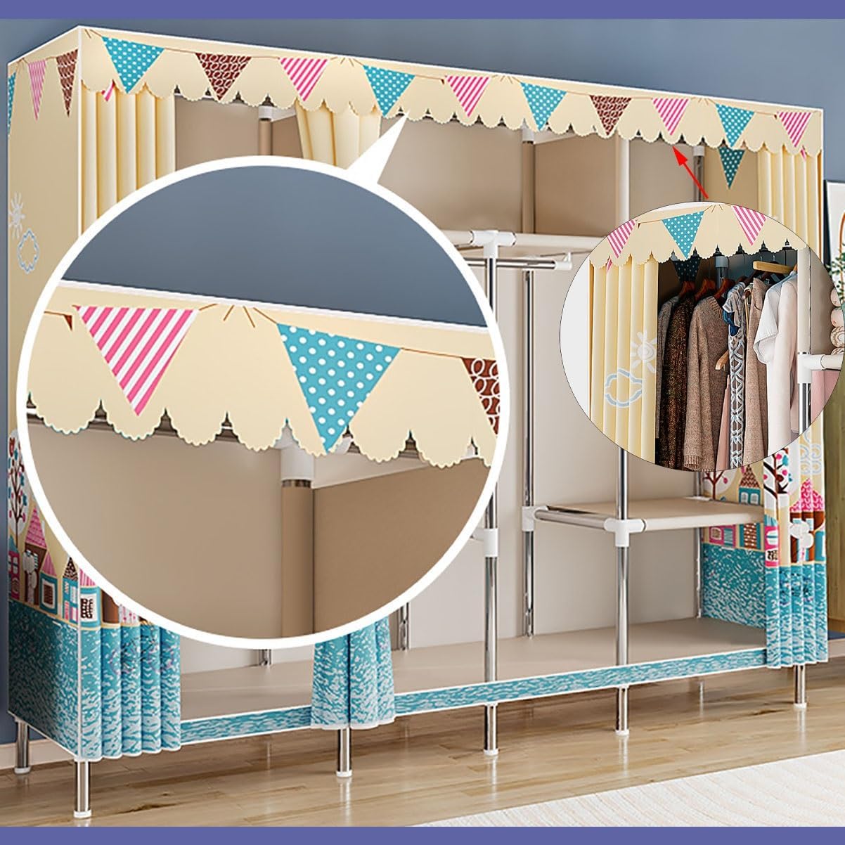 Portable Wardrobe Closet for Bedroom Metal Garment Rack for Hanging Clothes Organizer Storage with Cover (Color : D, Size : 163x45x172cm)