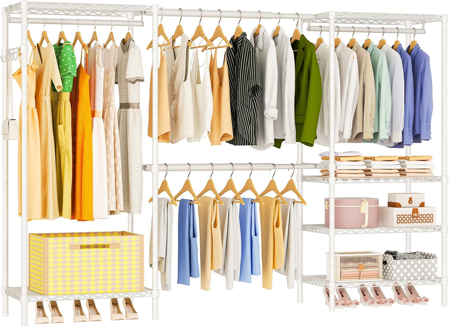 Heavy Duty Garment Rack, Portable Expandable Freestanding 4 Tiers Adjustable Wire Shelves Clothes Rack with 2 Retractable Poles, 70.9-86.6' L x 15.7' W x 76.8' H, Max Load 900LBS, White