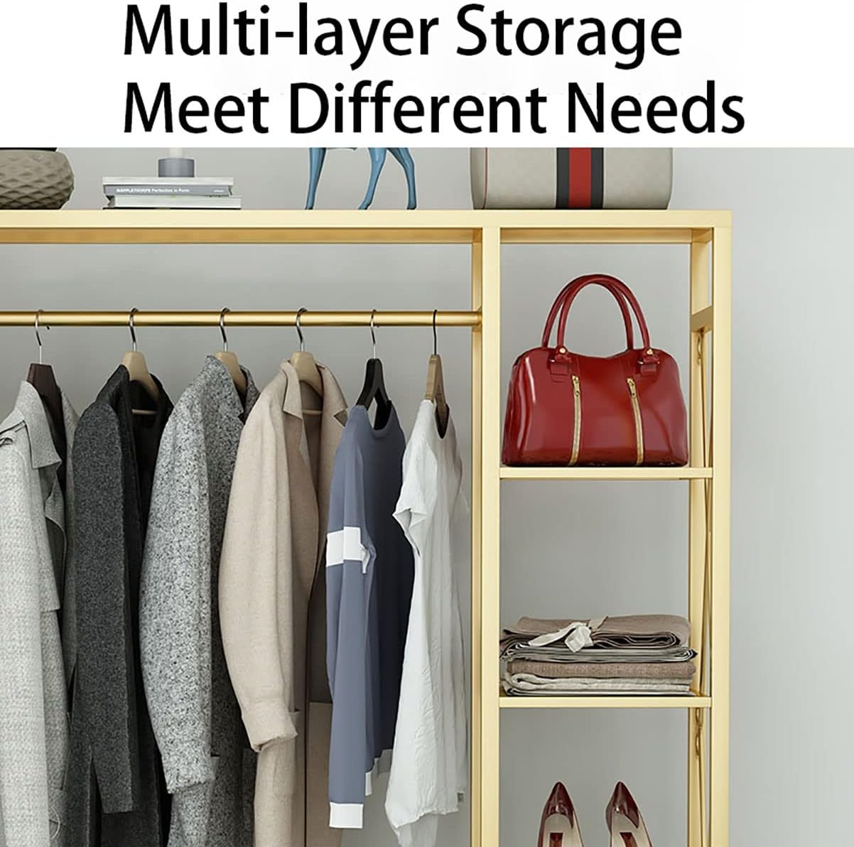 Metal Clothing Rack With Rods Freestanding Garment Rack For Hanging Clothes Organizer Wardrobe With 6-Tier Storage Shelve For Bedroom, Entryway (Color : Gold, Size : 90cm)