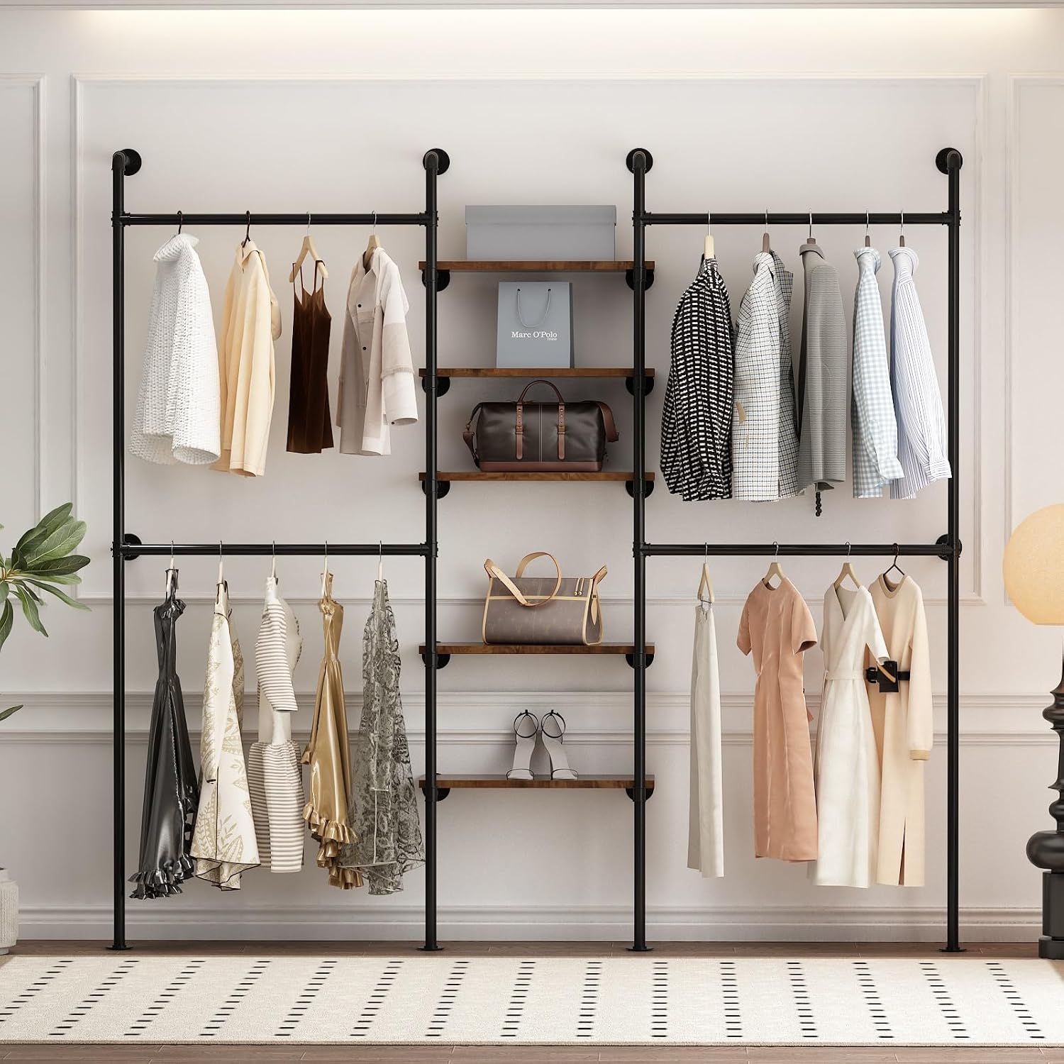 Industrial Pipe Clothing Racks with 5 Shelves, Wall Mounted Clothes Rack for Hanging Clothes, Black Wall Clothing Rack, Heavy Duty Clothes Rack for Walk in Closet, Laundry Room